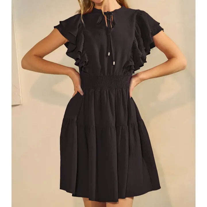 Women's Flutter Short Sleeve Tiered Mini Dress in Black (Available in Regular and Plus Sizes)
