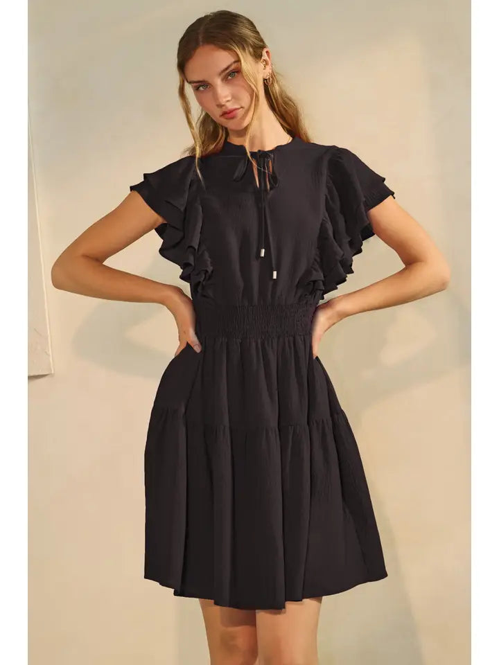 Women's Flutter Short Sleeve Tiered Mini Dress in Black (Available in Regular and Plus Sizes)