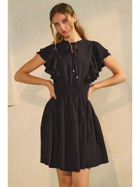 Women's Flutter Short Sleeve Tiered Mini Dress in Black (Available in Regular and Plus Sizes)