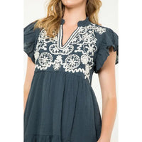 Women's S/S Embroidered Flutter Sleeve Dress in Navy