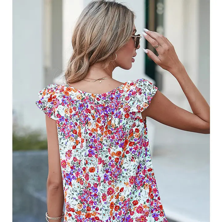 Women's Rose Red Floral Square Neck Flutter Tank Top