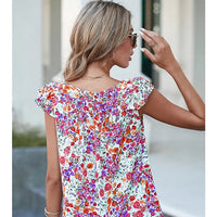 Women's Rose Red Floral Square Neck Flutter Tank Top