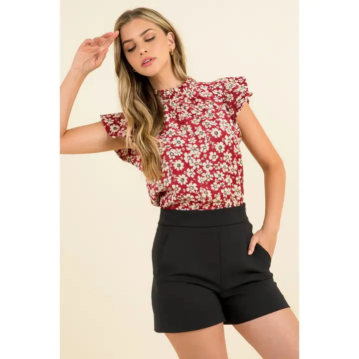 Women's Flutter Sleeve Floral Print Mock Neck Knit Blouse in Red