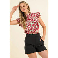 Women's Flutter Sleeve Floral Print Mock Neck Knit Blouse in Red