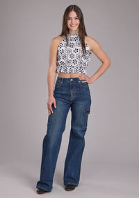 Roper Women's Floral Schiffli Halter Top in White & Black