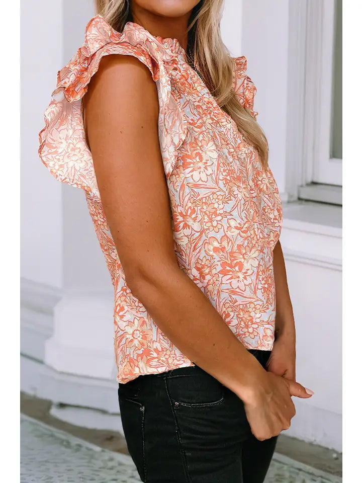 Women's Floral Ruffle Sleeve Split Neck Blouse in Orange