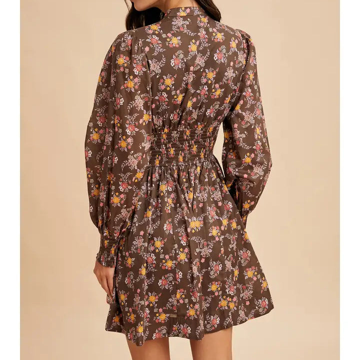 Women's L/S Floral Zip Front Mini Dress in Mocha Mousse