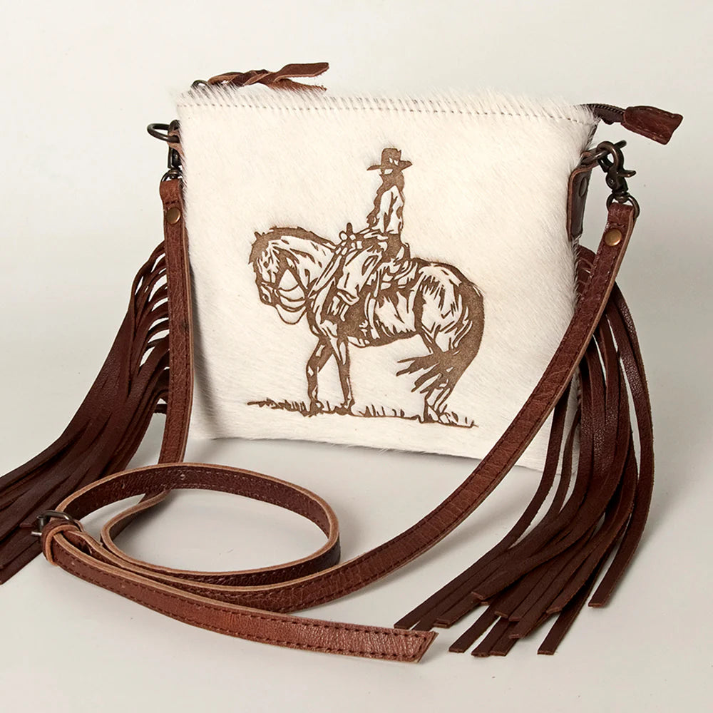 American Darling Hair On Hide Cowgirl On Horseback Fringe Crossbody Bag