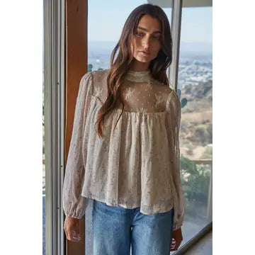 Women's L/S Woven Floral Print Mock Neck Top in Beige