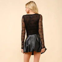 Women's L/S Bow Pattern Mesh Bodysuit in Black