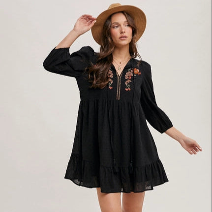 Women's 3/4 Sleeve Embroidered Ruffle Babydoll Dress in Black