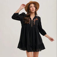 Women's 3/4 Sleeve Embroidered Ruffle Babydoll Dress in Black