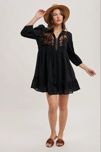 Women's 3/4 Sleeve Embroidered Ruffle Babydoll Dress in Black