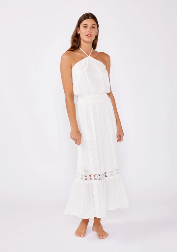 Women's Eyelet Embroidered Halter Maxi Dress in Off White