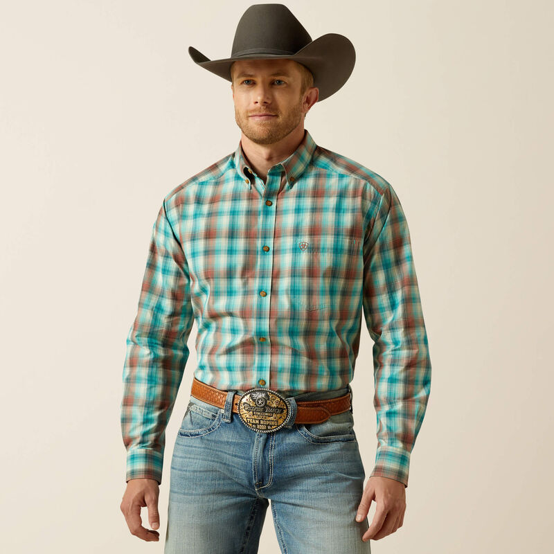 Ariat Men's L/S Pro Series Brooklyn Classic Fit Western Button Up Shirt in Aqua Blue Plaid