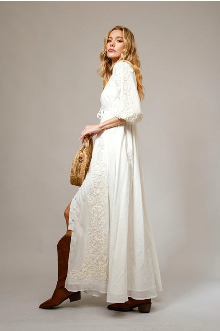 Women's 3/4 Sleeve Embroidered Maxi Dress in Off White