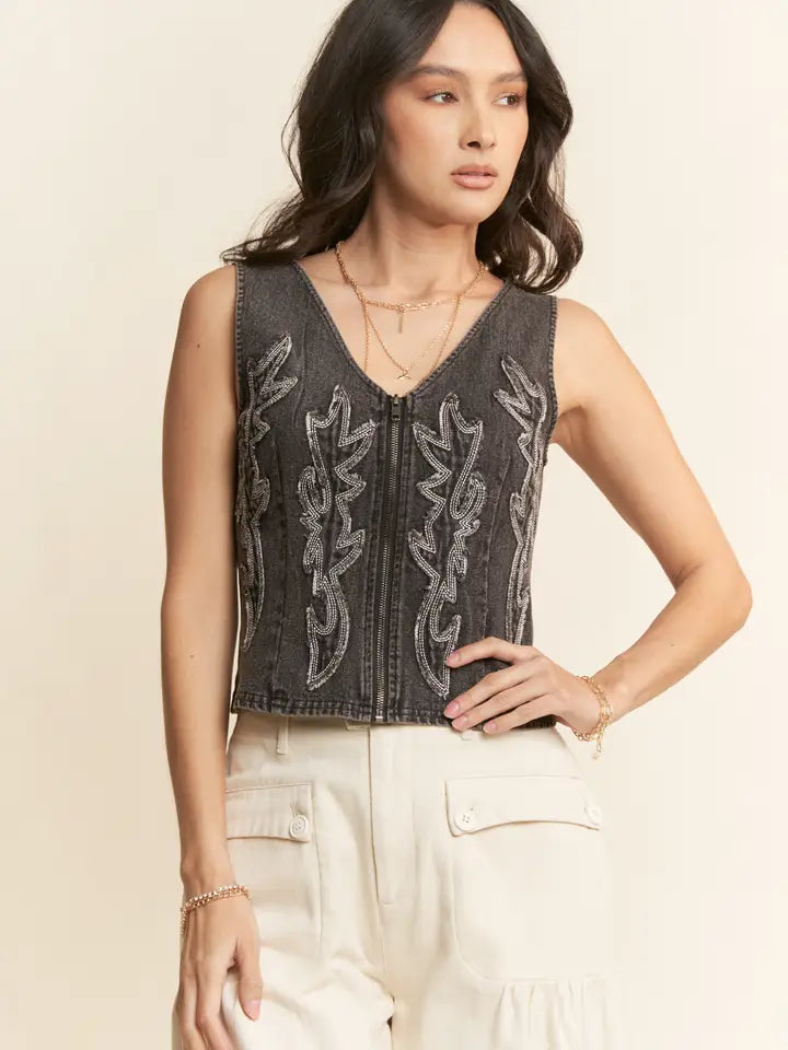 Women's Sleeveless Cropped Denim Corset Zip Front Top in Black (Available in Regular & Plus Sizes!)