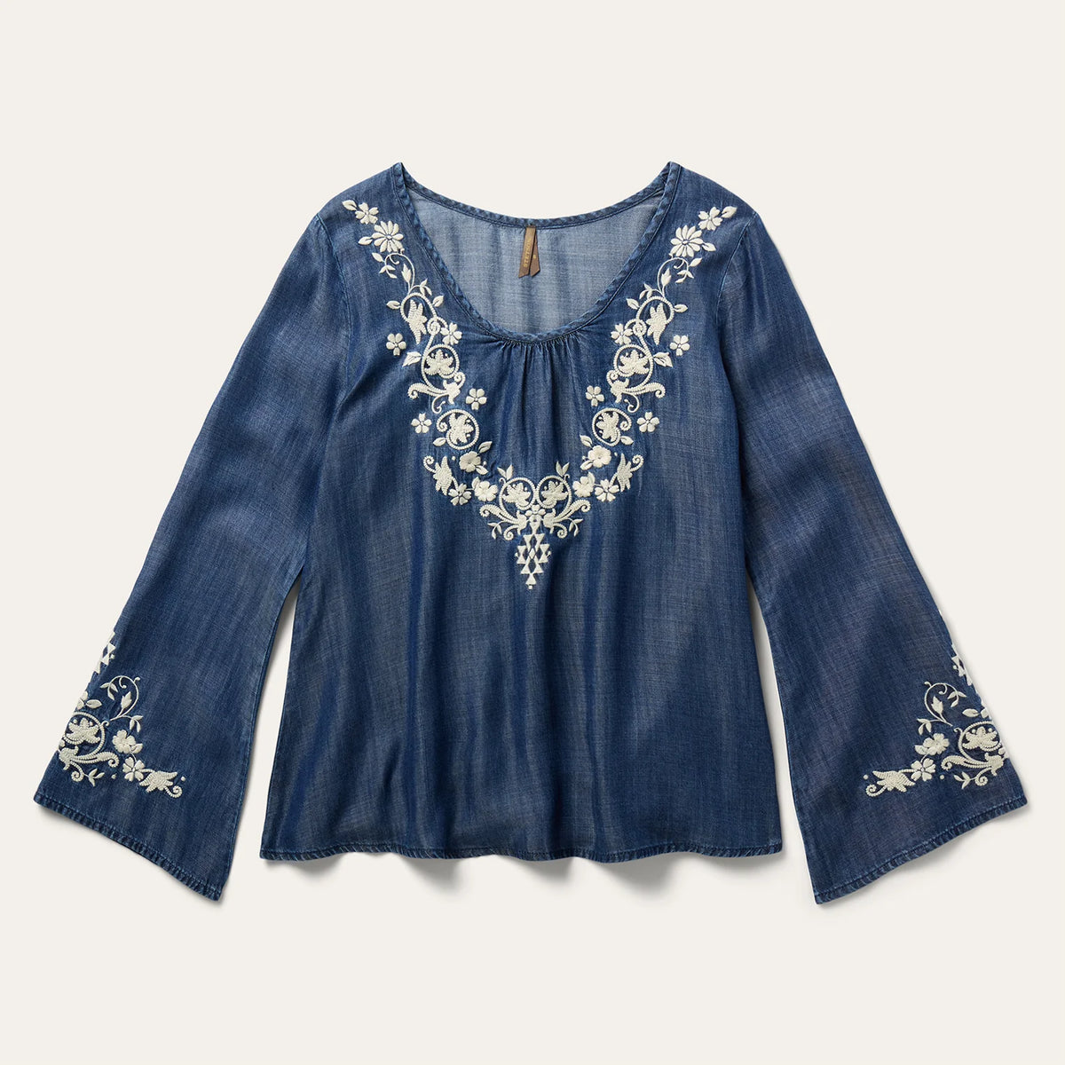 Stetson Women's Floral Embroidered Denim Peasant Blouse in Dark Blue
