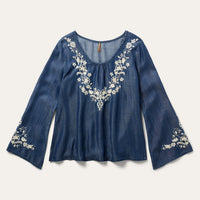 Stetson Women's Floral Embroidered Denim Peasant Blouse in Dark Blue