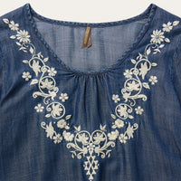 Stetson Women's Floral Embroidered Denim Peasant Blouse in Dark Blue