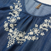 Stetson Women's Floral Embroidered Denim Peasant Blouse in Dark Blue