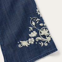 Stetson Women's Floral Embroidered Denim Peasant Blouse in Dark Blue