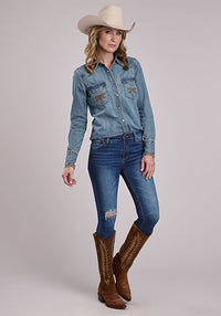 Stetson Women's L/S Embroidered Western Denim Diamond Snap Shirt