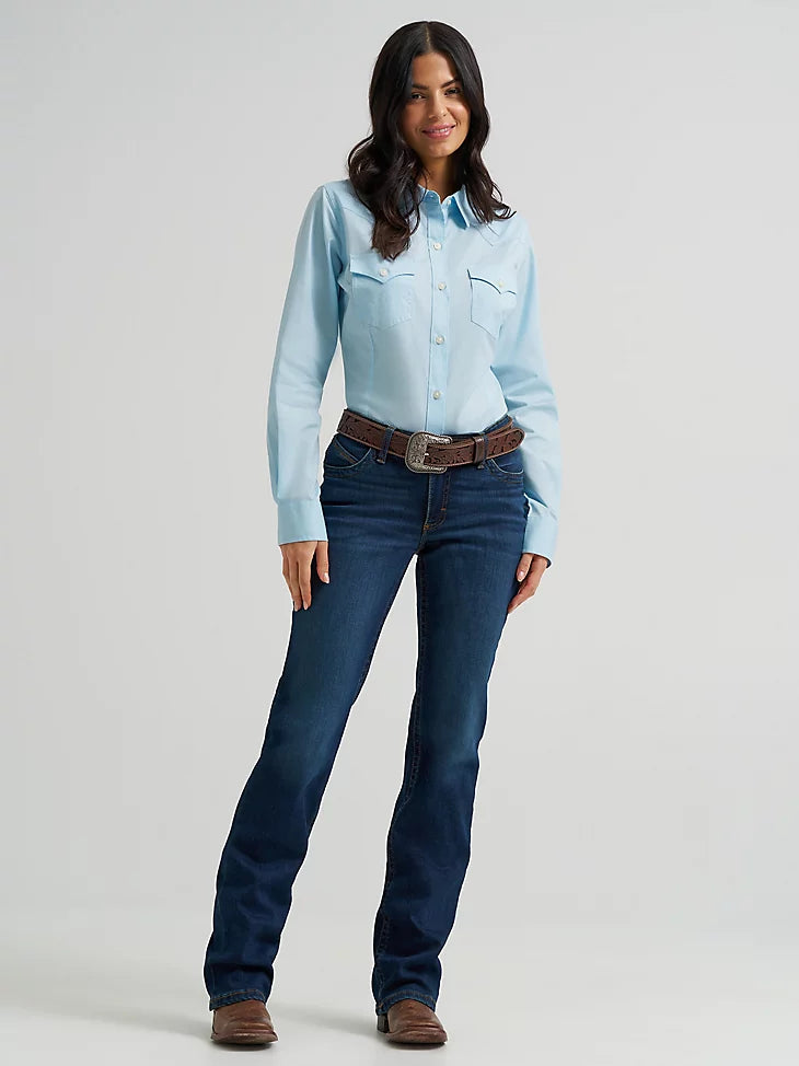 Wrangler Retro Women's L/S Western Solid Button Down in Cool Blue