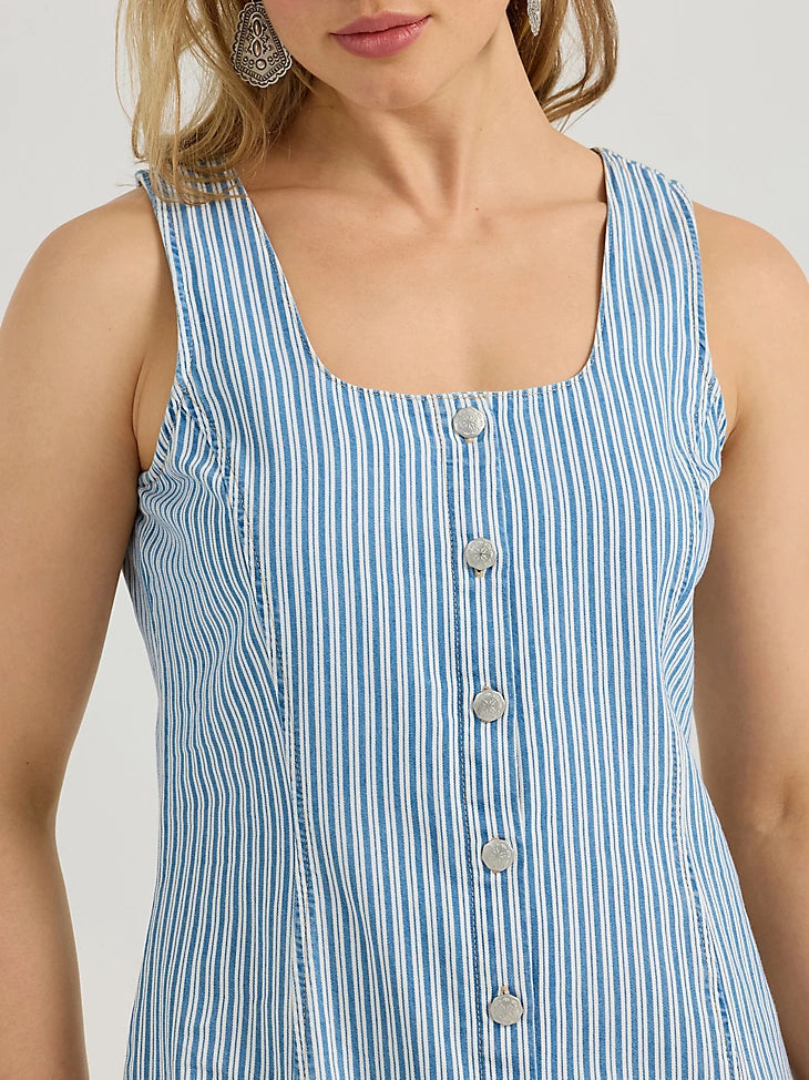 Wrangler Retro Women's Western Railroad Stripe Button Down Denim Dress in Blue & White