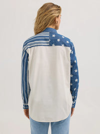 Wrangler Retro Women's Boyfriend Pieced Denim Western Snap Shirt in Stars N Stripes