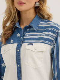 Wrangler Retro Women's Boyfriend Pieced Denim Western Snap Shirt in Stars N Stripes