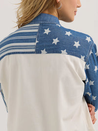Wrangler Retro Women's Boyfriend Pieced Denim Western Snap Shirt in Stars N Stripes