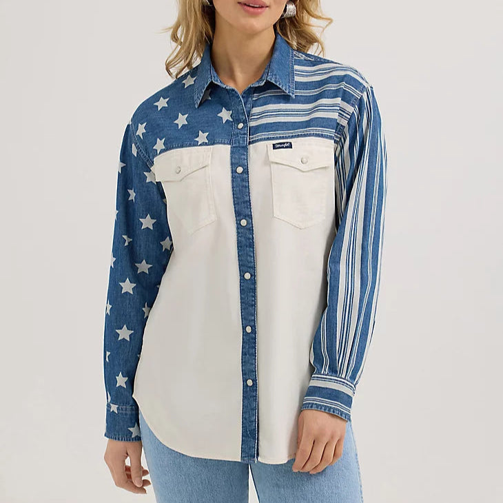 Wrangler Retro Women's Boyfriend Pieced Denim Western Snap Shirt in Stars N Stripes