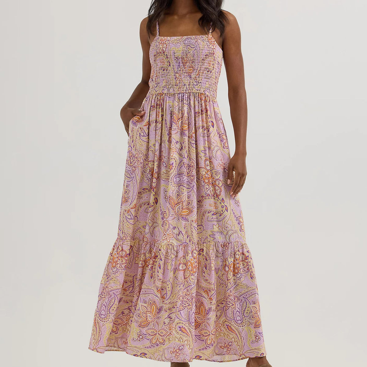 Wrangler Retro Women's Smocked Bodice Maxi Dress in Pastel Paisley