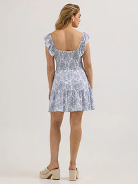 Wrangler Retro Women's Smocked Bodice Ruffle Dress in Blue and White