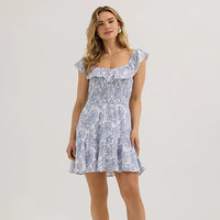 Wrangler Retro Women's Smocked Bodice Ruffle Dress in Blue and White