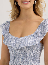 Wrangler Retro Women's Smocked Bodice Ruffle Dress in Blue and White