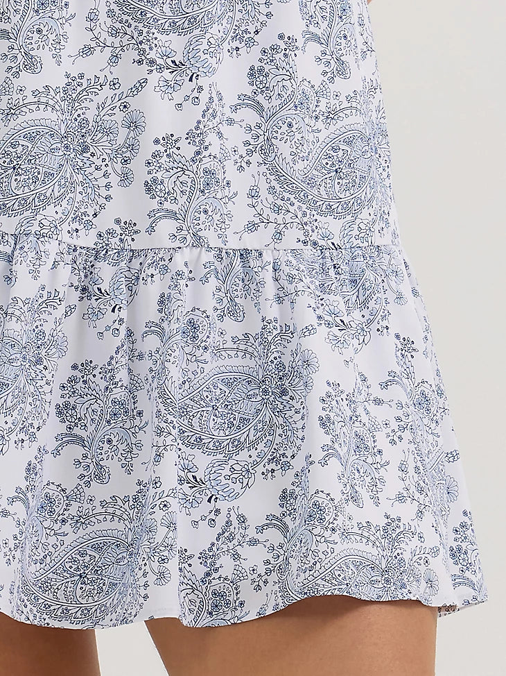 Wrangler Retro Women's Smocked Bodice Ruffle Dress in Blue and White