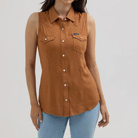 Wrangler Retro Women's Sleeveless Textured Slim Western Snap Shirt in Brown