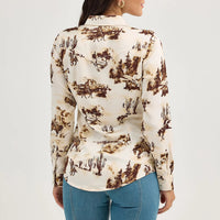 Wrangler Retro Women's Bold Bucking Cowboy Western Snap Shirt in Cacti Cream