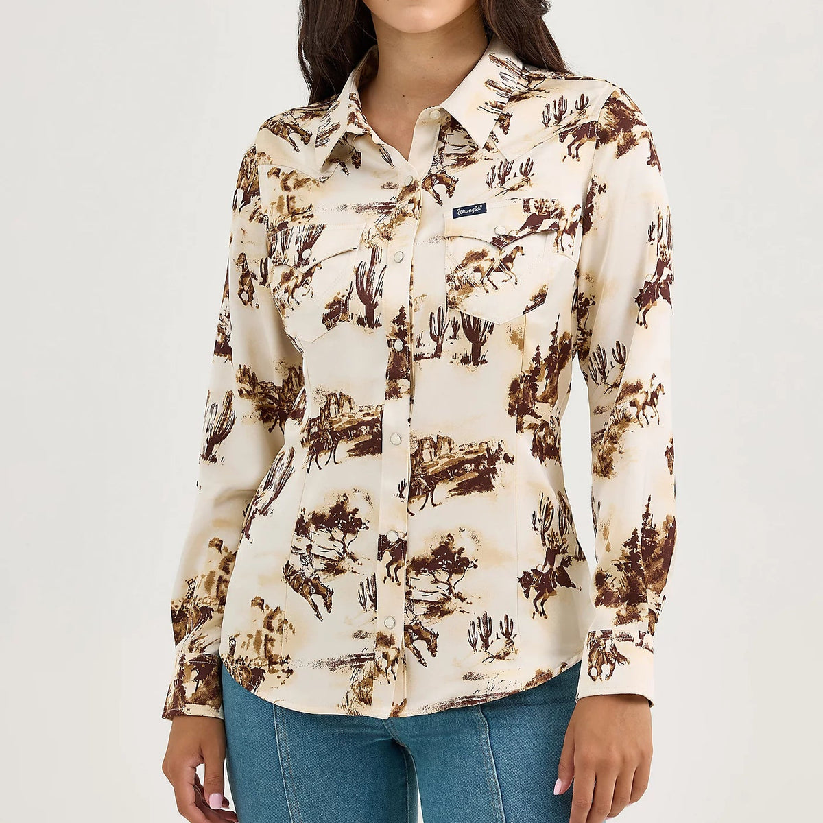 Wrangler Retro Women's Bold Bucking Cowboy Western Snap Shirt in Cacti Cream
