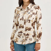 Wrangler Retro Women's Bold Bucking Cowboy Western Snap Shirt in Cacti Cream