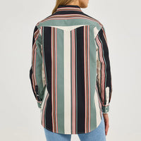 Wrangler Women's Retro L/S Brushpopper Boyfriend Western Snap Shirt in Black Stripe