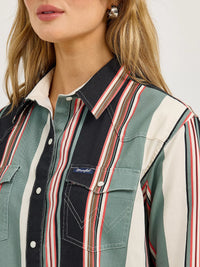 Wrangler Women's Retro L/S Brushpopper Boyfriend Western Snap Shirt in Black Stripe