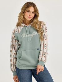 Wrangler Retro Women's Logo Southwestern Yoke Pullover Hoodie in Green