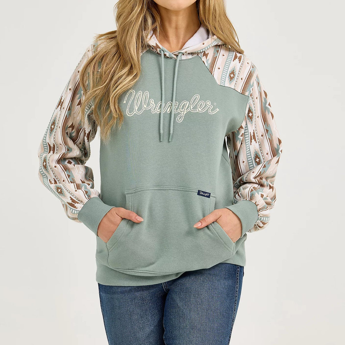 Wrangler Retro Women's Logo Southwestern Yoke Pullover Hoodie in Green