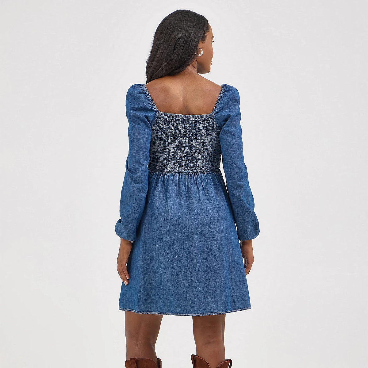 Wrangler Retro Women's L/S Smocked Bodice A-Line Dress in Dark Denim