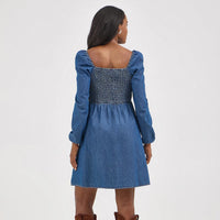Wrangler Retro Women's L/S Smocked Bodice A-Line Dress in Dark Denim