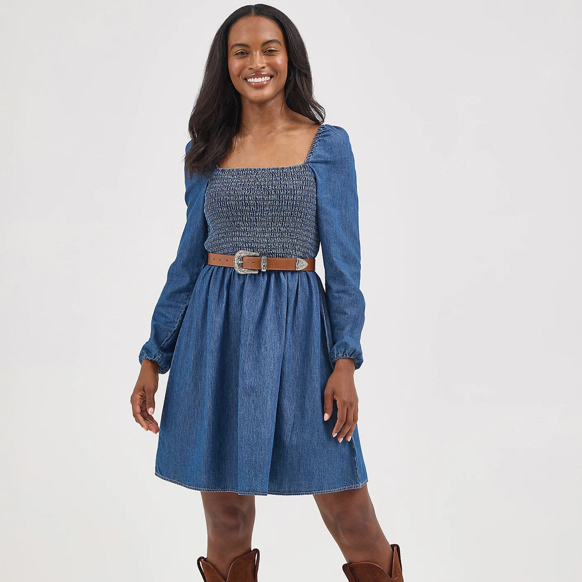 Wrangler Retro Women's L/S Smocked Bodice A-Line Dress in Dark Denim