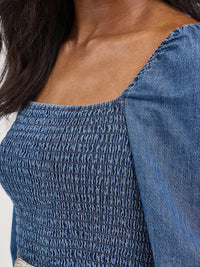 Wrangler Retro Women's L/S Smocked Bodice A-Line Dress in Dark Denim